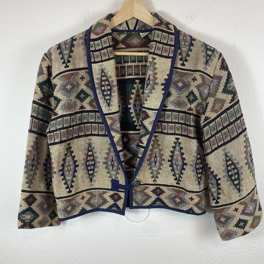 Vtg Women's Medium‎ Tapestry Crop Jacket Bolero Southwestern Aztec Boho Cotton
